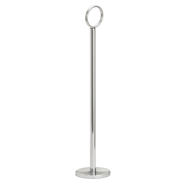 A tall, slim TableCraft chrome plated Number Stand featuring a circular ring at the top, a smooth cylindrical pole, and a round flat base. The minimalistic design stands out against the plain white background.