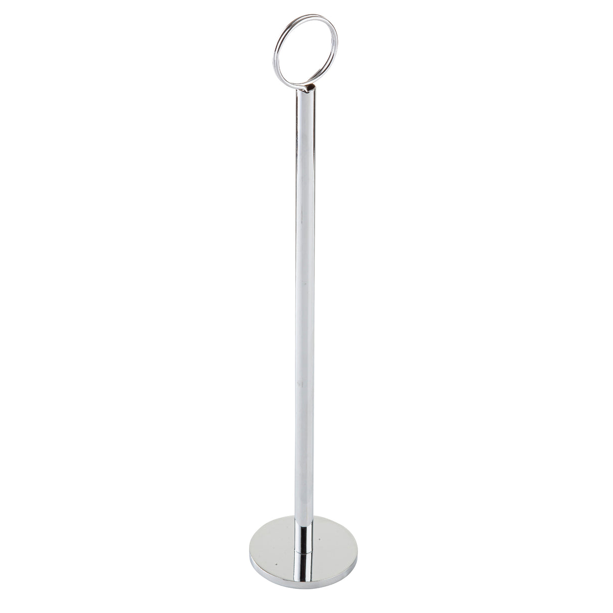A tall, slim, chrome plated metal Number Stand by TableCraft with a round base and circular ring at the top. Its minimal, sleek design features a polished, reflective finish, perfect for holding or displaying items against a plain white background.