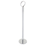 A tall, slim, chrome plated metal Number Stand by TableCraft with a round base and circular ring at the top. Its minimal, sleek design features a polished, reflective finish, perfect for holding or displaying items against a plain white background.