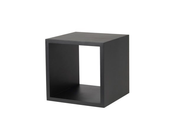 A black Midnight Bamboo Library Cube Riser by Cal-Mil, measuring 12x12x12, is shown against a plain white background. The open-sided, hollow cube showcases a simple, minimalist geometric design with no front or back panels.