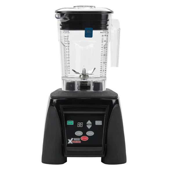The Xtreme Series Blender is a black electric blender with a clear, square plastic pitcher and black lid. The base features a digital display, control buttons, and several speed options for international use. Measurement markings are visible on the pitcher.