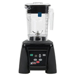 The Xtreme Series Blender is a black electric blender with a clear, square plastic pitcher and black lid. The base features a digital display, control buttons, and several speed options for international use. Measurement markings are visible on the pitcher.