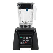 The Xtreme Series Blender is a black electric blender with a clear, square plastic pitcher and black lid. The base features a digital display, control buttons, and several speed options for international use. Measurement markings are visible on the pitcher.