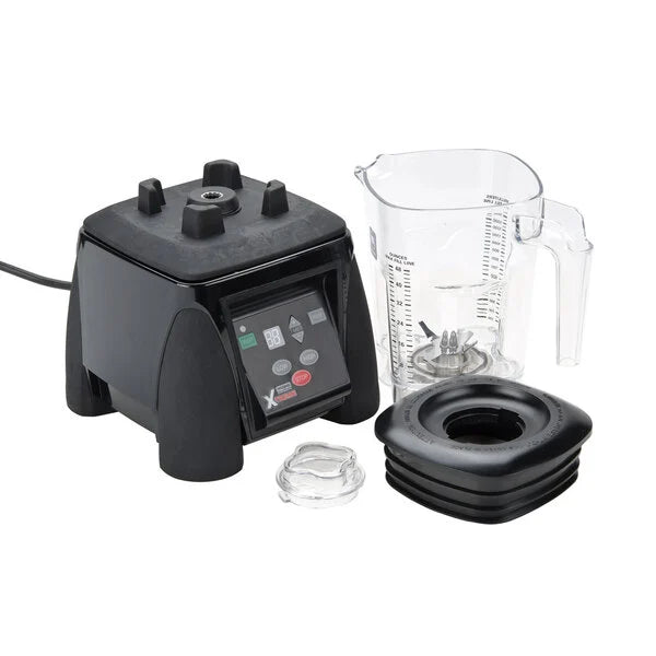 A commercial Xtreme Series Blender with a black base featuring control buttons, a transparent graduated pitcher, a clear lid insert, and a black square lid with central opening, all displayed on a white background. Ideal for international use.