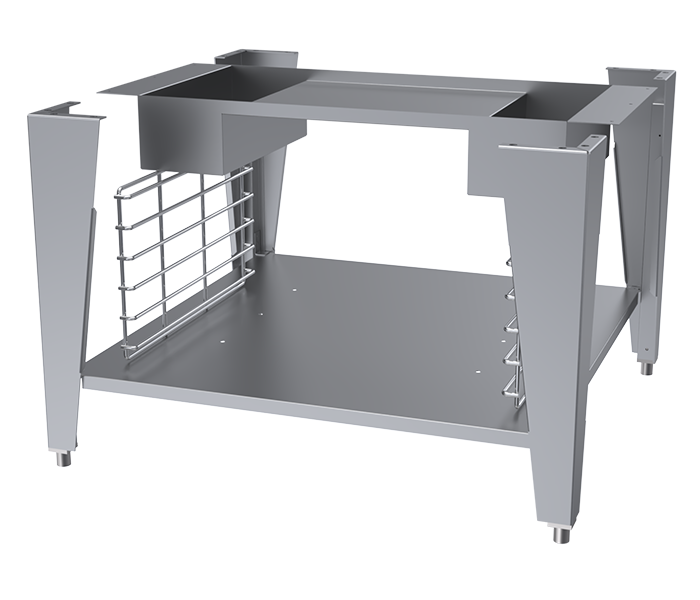 A stainless steel open-frame equipment stand with single oven legs with casters, a solid lower shelf, upper frame featuring a rectangular cutout, metal side rails on the left, chrome plated rack support guides, and adjustable feet on a plain white background.