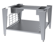 A stainless steel open-frame equipment stand with single oven legs with casters, a solid lower shelf, upper frame featuring a rectangular cutout, metal side rails on the left, chrome plated rack support guides, and adjustable feet on a plain white background.