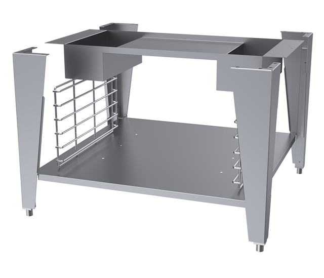 A stainless steel open-frame equipment stand with single oven legs with casters, a solid lower shelf, upper frame featuring a rectangular cutout, metal side rails on the left, chrome plated rack support guides, and adjustable feet on a plain white background.