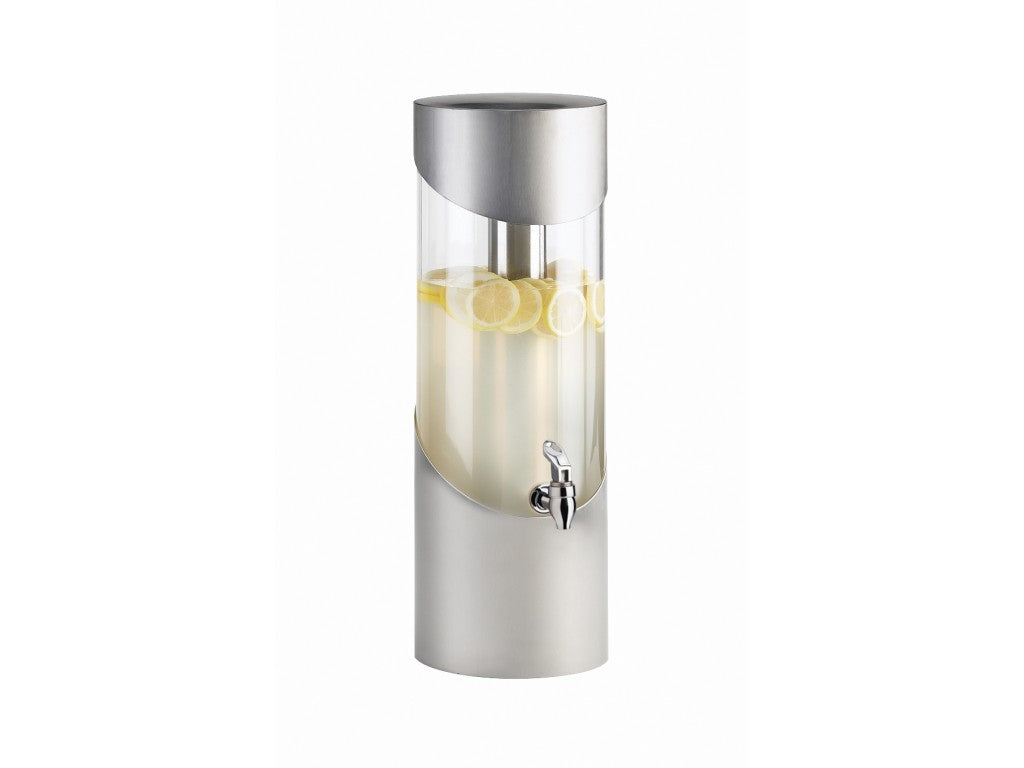 A modern, 3 gallon beverage dispenser with a transparent body, stainless steel base and lid, filled with lemonade and floating lemon slices. It features a small spout near the bottom for easy pouring. The background is plain white.
