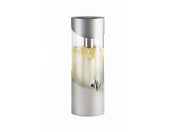 A modern, 3 gallon beverage dispenser with a transparent body, stainless steel base and lid, filled with lemonade and floating lemon slices. It features a small spout near the bottom for easy pouring. The background is plain white.
