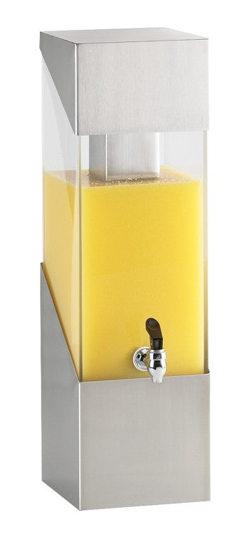 A tall, rectangular 3 gallon beverage dispenser with a transparent acrylic tank filled with yellow juice. It features a silver top and base, plus a black spigot on the front for easy dispensing.