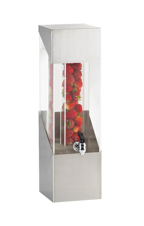 Tall, squared beverage dispenser with an acrylic tank and a clear infusion chamber filled with whole strawberries. Features a metal spout for pouring drinks and boasts a modern, minimalist design.