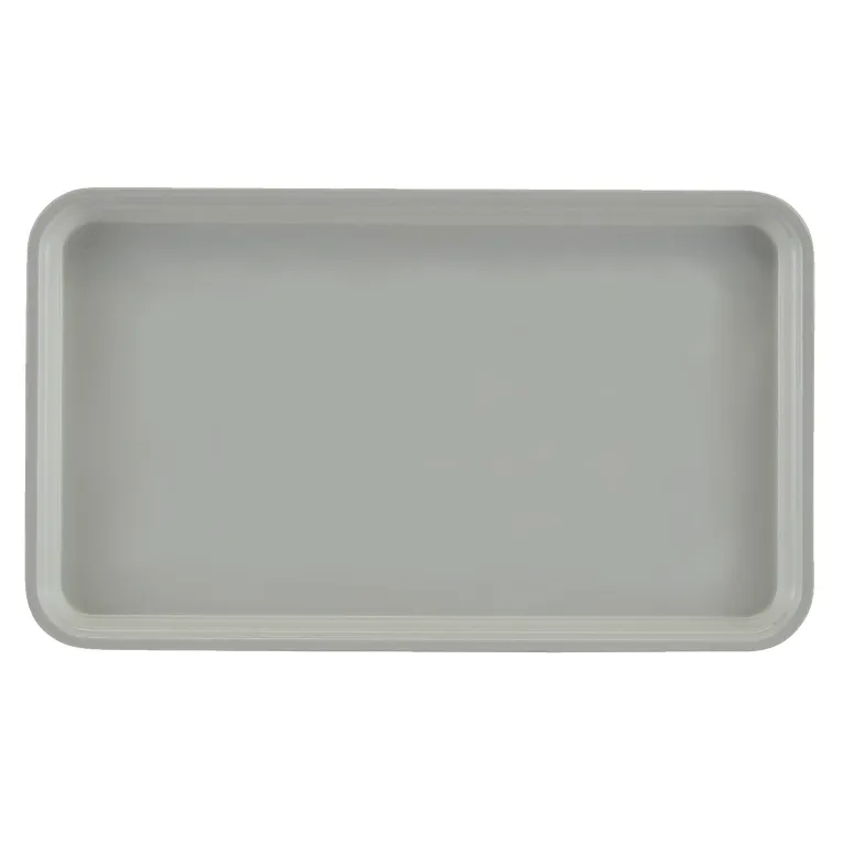 A rectangular, light gray Camtray with raised edges and rounded corners, shown from a top-down view on a plain white background. Made of high-impact fiberglass, this dishwasher safe tray features a smooth finish and simple, minimalist design.