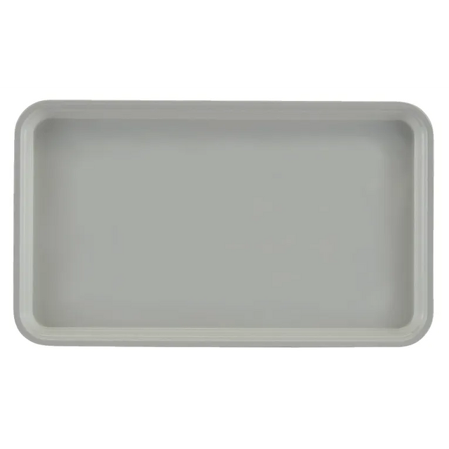 A rectangular, light gray Camtray with raised edges and rounded corners, shown from a top-down view on a plain white background. Made of high-impact fiberglass, this dishwasher safe tray features a smooth finish and simple, minimalist design.