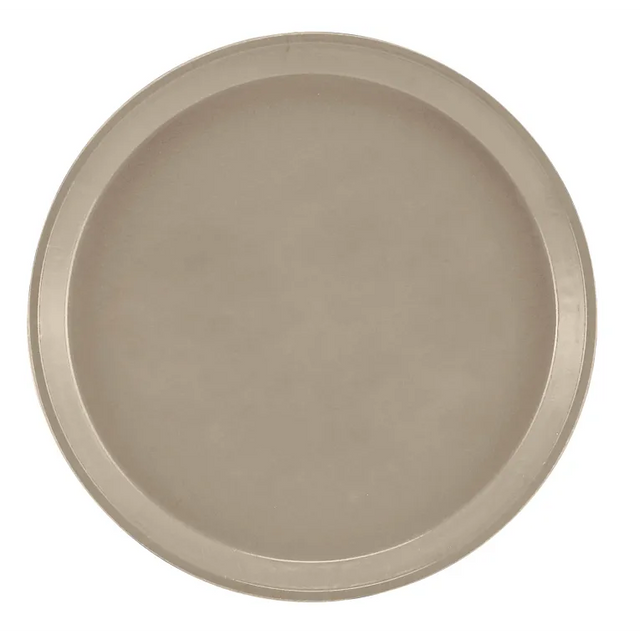 A plain, round, light beige fiberglass tray with a shallow raised edge. The tray has a smooth, matte finish and no visible patterns or designs. It is photographed from above against a white background. NSF certified.