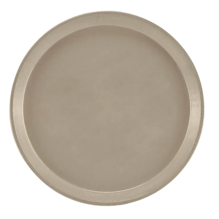 A round, flat, metal pizza pan with a shallow rim and a smooth, untextured surface. The NSF-certified pan appears silver or stainless steel in color and is photographed from above against a white background.