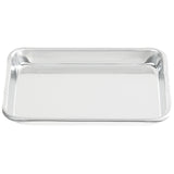 A shiny, empty rectangular sheet pan with raised edges is shown on a white background. Made of heavy duty aluminum, this 1/8 size tray is clean, reflective, and perfect for kitchens or serving food.