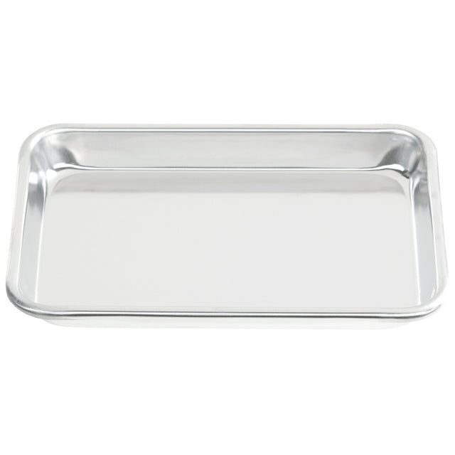 A shiny, empty rectangular sheet pan with raised edges is shown on a white background. Made of heavy duty aluminum, this 1/8 size tray is clean, reflective, and perfect for kitchens or serving food.