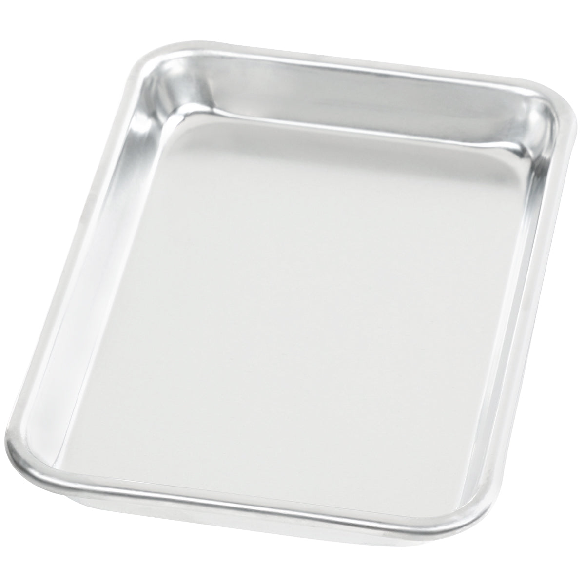 A rectangular, shallow 1/8 size sheet pan made of heavy duty aluminum with rounded corners and slightly raised edges, shown on a white background. The tray appears clean and empty, with a smooth, reflective surface.