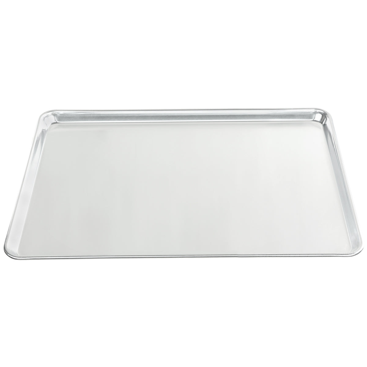 A plain, empty full size rectangular metal baking sheet with slightly raised edges, shown from an overhead angle against a white background. The surface is smooth and reflective, typical of a solid aluminum sheet pan used for baking or roasting.