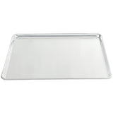 A plain, empty full size rectangular metal baking sheet with slightly raised edges, shown from an overhead angle against a white background. The surface is smooth and reflective, typical of a solid aluminum sheet pan used for baking or roasting.