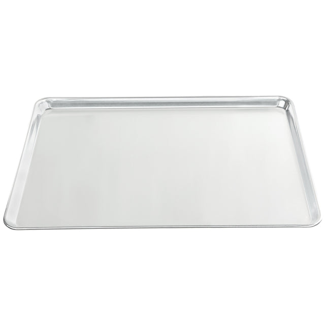 A plain, empty full size rectangular metal baking sheet with slightly raised edges, shown from an overhead angle against a white background. The surface is smooth and reflective, typical of a solid aluminum sheet pan used for baking or roasting.