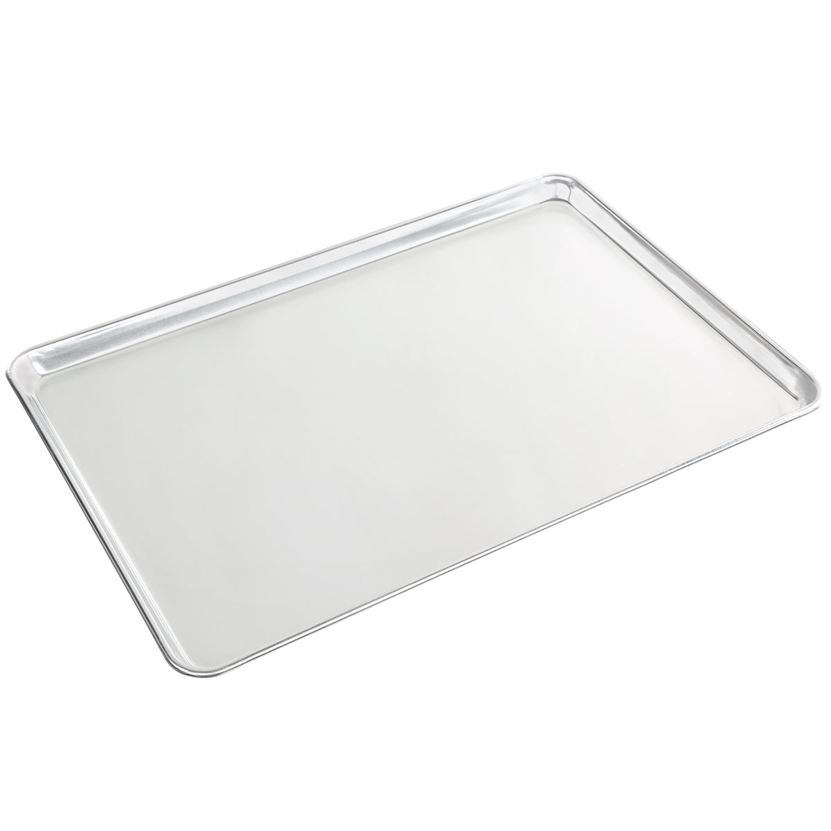 A large, full size solid aluminum sheet pan with a smooth, shiny surface and raised edges on all sides, shown on a white background.