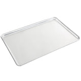 A large, full size solid aluminum sheet pan with a smooth, shiny surface and raised edges on all sides, shown on a white background.