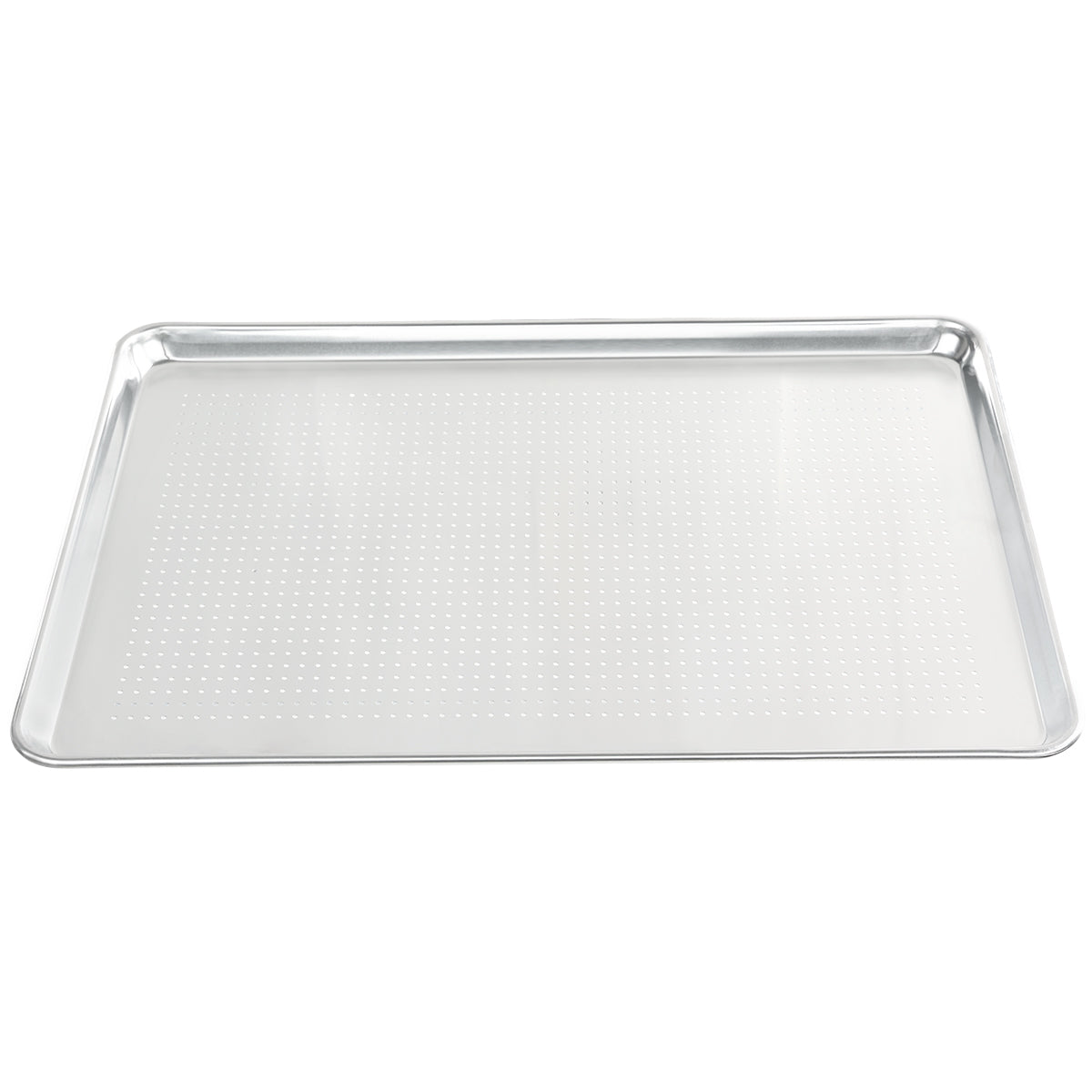 A full size perforated aluminum sheet pan with shallow raised edges and a rectangular shape is shown on a white background. The tiny holes across the surface allow air circulation for even baking.