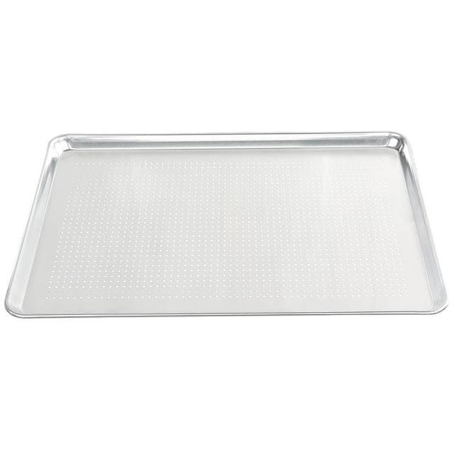 A full size perforated aluminum sheet pan with shallow raised edges and a rectangular shape is shown on a white background. The tiny holes across the surface allow air circulation for even baking.