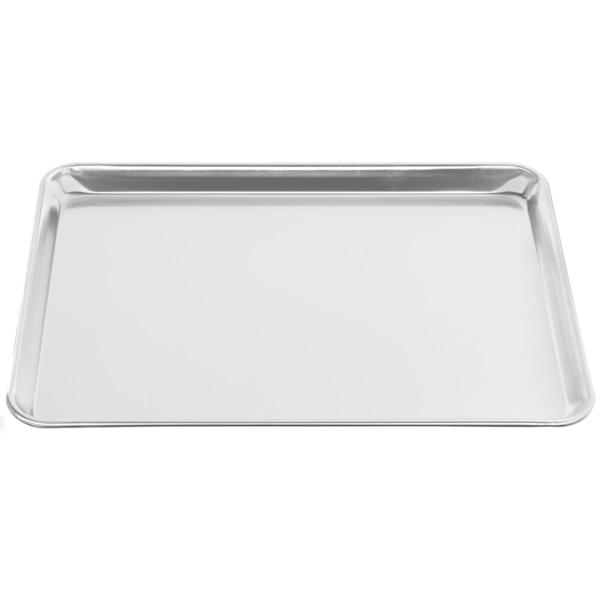 A shiny, half size aluminum sheet pan with slightly raised edges is photographed against a white background. The baking sheet appears clean and empty, perfect for baking or roasting various food items.