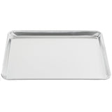 A shiny, half size aluminum sheet pan with slightly raised edges is photographed against a white background. The baking sheet appears clean and empty, perfect for baking or roasting various food items.
