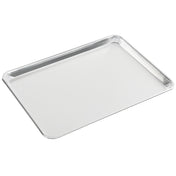 A rectangular, silver aluminum sheet pan with a raised edge on all sides, shown on a plain white background. The smooth, reflective half size surface is ideal for baking or roasting food items.
