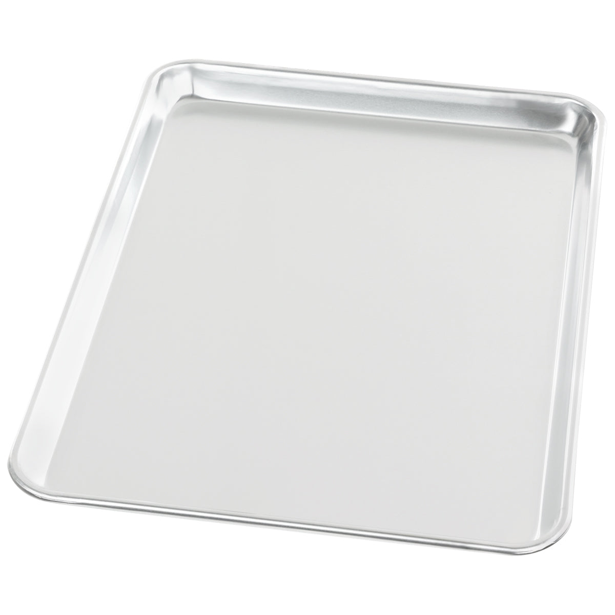 A shiny, half size aluminum sheet pan with raised edges on all sides, shown empty on a white background. The tray has slightly rounded corners and a smooth, reflective surface.