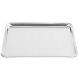 A rectangular aluminum sheet pan with raised edges and a flat, perforated surface. The perforations form a grid pattern, and the tray is empty, displayed against a white background.