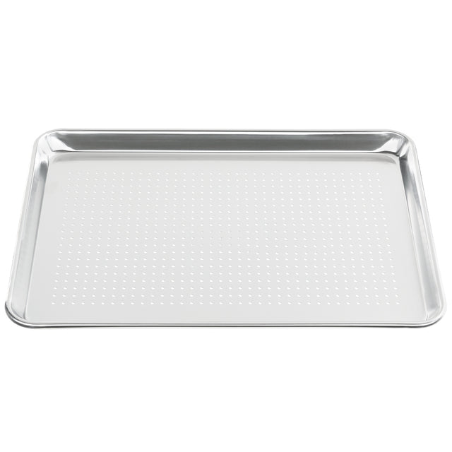 A rectangular aluminum sheet pan with raised edges and a flat, perforated surface. The perforations form a grid pattern, and the tray is empty, displayed against a white background.