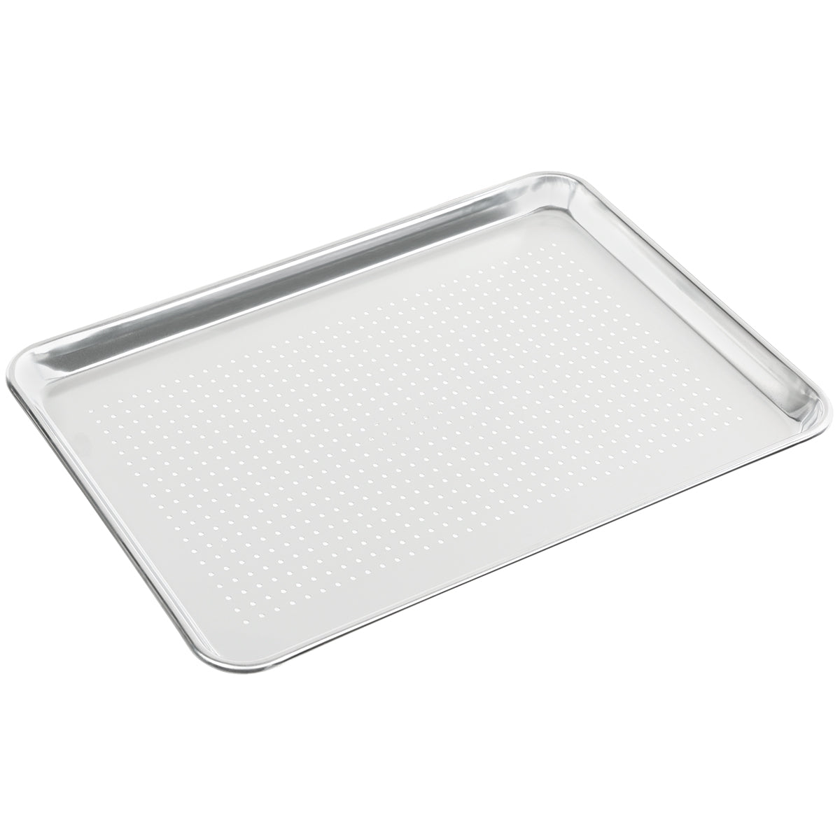 A rectangular, silver aluminum sheet pan with slightly raised edges and a surface covered in small, evenly spaced perforated holes. The tray is empty and shown on a white background.