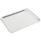 A rectangular, silver aluminum sheet pan with slightly raised edges and a surface covered in small, evenly spaced perforated holes. The tray is empty and shown on a white background.
