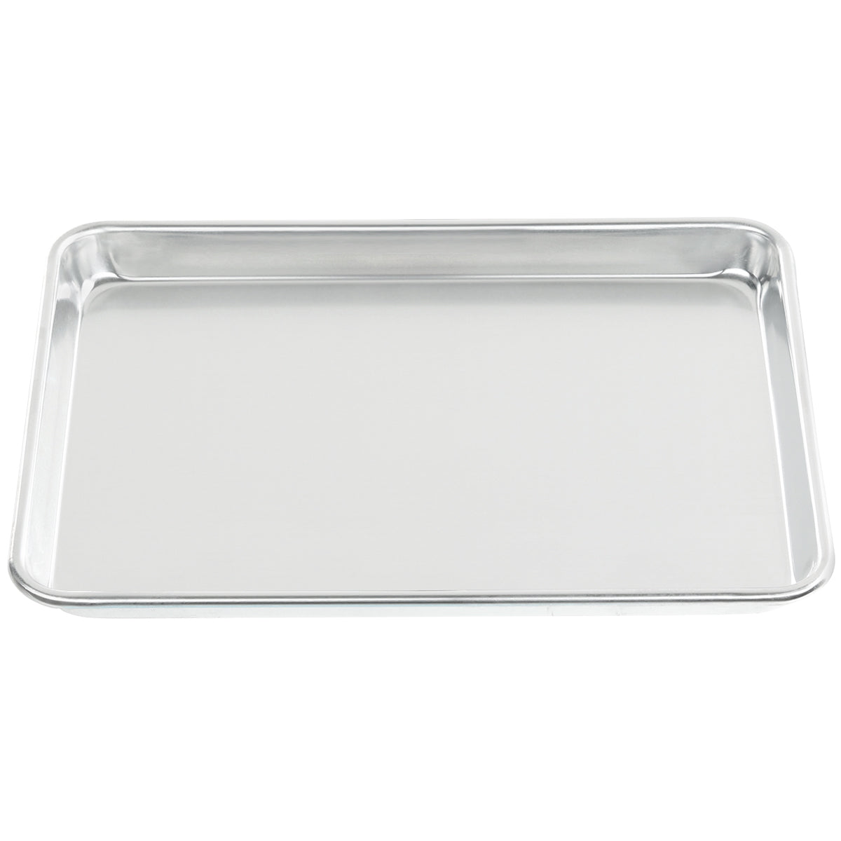 A clean, empty, rectangular aluminum bun sheet pan with shallow raised edges is viewed from above against a white background. The 1/4 size surface is smooth and shiny, reflecting light slightly.