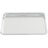A clean, empty, rectangular aluminum bun sheet pan with shallow raised edges is viewed from above against a white background. The 1/4 size surface is smooth and shiny, reflecting light slightly.