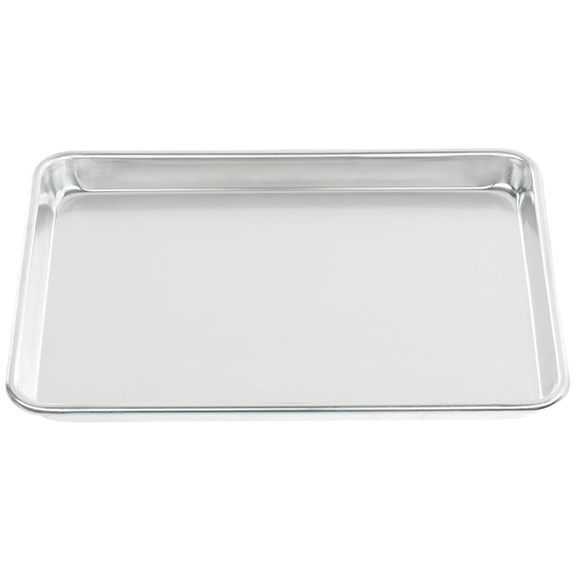 A clean, empty, rectangular aluminum bun sheet pan with shallow raised edges is viewed from above against a white background. The 1/4 size surface is smooth and shiny, reflecting light slightly.