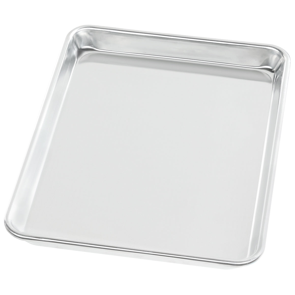 A shiny, rectangular aluminum bun sheet pan with raised edges on all sides is shown on a white background. The 1/4 size pan features smooth surfaces and slightly rounded corners, ideal for baking or roasting food in an oven.