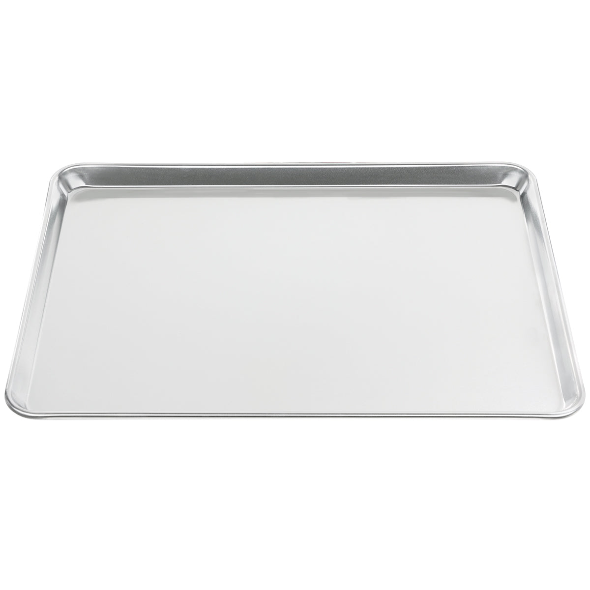 A chef approved, rectangular bun sheet pan crafted from 19 gauge aluminum, featuring slightly raised edges and a smooth, shiny silver surface, displayed on a white background.