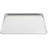 A chef approved, rectangular bun sheet pan crafted from 19 gauge aluminum, featuring slightly raised edges and a smooth, shiny silver surface, displayed on a white background.