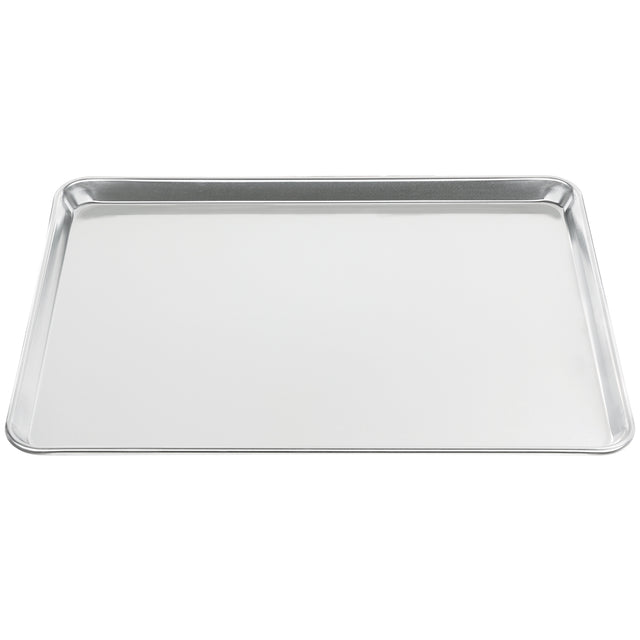 A chef approved, rectangular bun sheet pan crafted from 19 gauge aluminum, featuring slightly raised edges and a smooth, shiny silver surface, displayed on a white background.