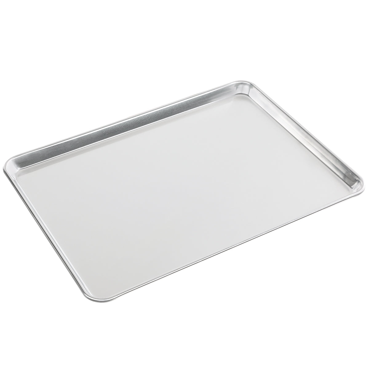 A plain, rectangular 19 gauge aluminum bun sheet pan with low, raised edges on all sides is shown against a white background. The tray has a smooth, shiny metallic surface and slightly rounded corners. Chef Approved quality.