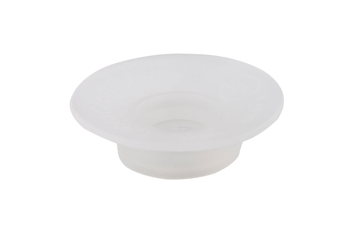 A translucent, white, funnel-shaped silicone valve with a wide, flat rim and a narrower cylindrical base, likely designed for an Invertatop squeeze bottle. Smooth and flexible, this dishwasher safe component ensures a reliable liquid or airtight seal.