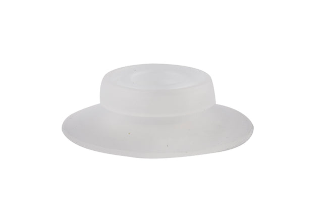 A translucent, white silicone rubber bumper with a rounded top and wide flat base, set against a plain white background. Smooth and flexible, it features a durable silicone valve and is designed to cushion or protect surfaces.