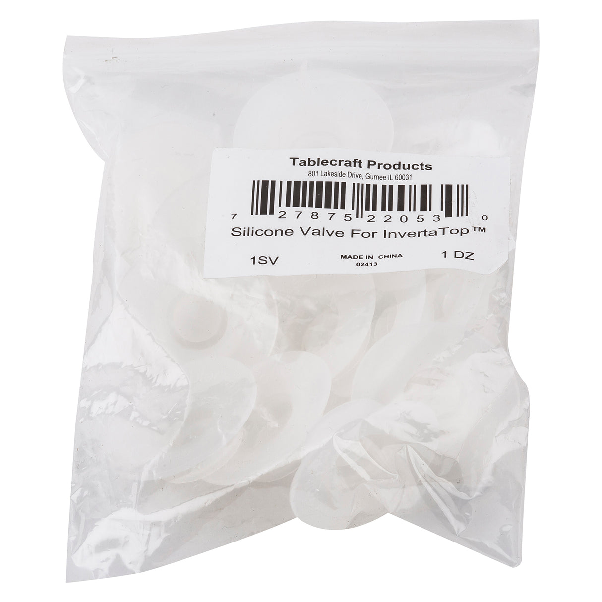 A clear plastic bag containing multiple translucent silicone valves for Invertatop squeeze bottles. The bag has a white label with a barcode and text. The dishwasher safe contents and label are clearly visible.