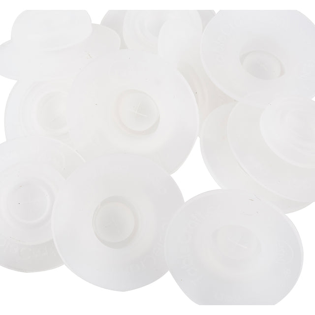 A group of translucent, white, round silicone suction cups—dishwasher safe and featuring a raised, circular center—overlap on a white background. Each cup has smooth edges and subtle text embossed around the outer rim.