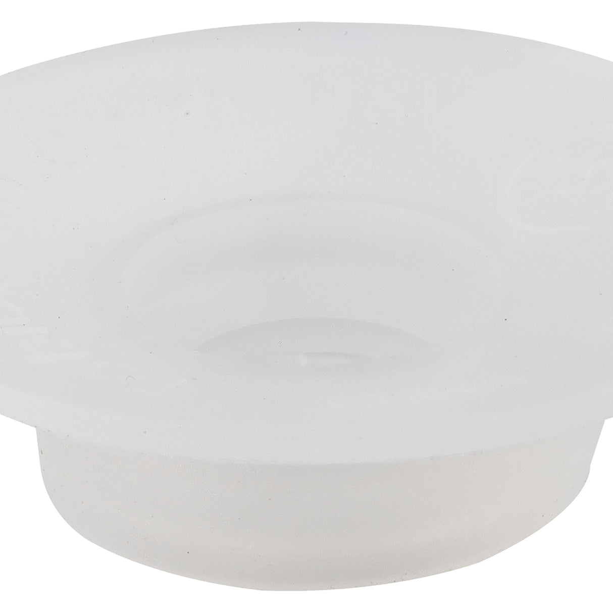 A translucent, round silicone grommet with a wide flat brim and a smaller cylindrical opening in the center, this soft, frosted silicone valve is photographed against a plain white background and is dishwasher safe.